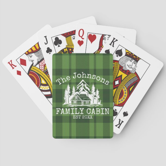 Family Cabin Green Plaid Themed Name Personalised Playing Cards (Back)