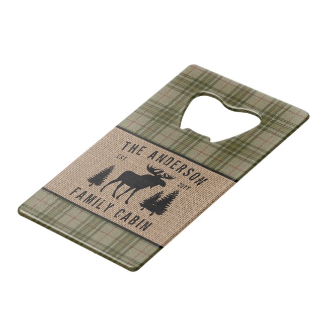 Family Cabin Moose Pine Trees Green Plaid Burlap (Front Angled)