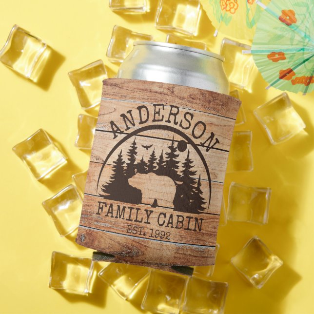  Family Cabin Name Personalised Rustic wooden Can Cooler (In Situ Summer)