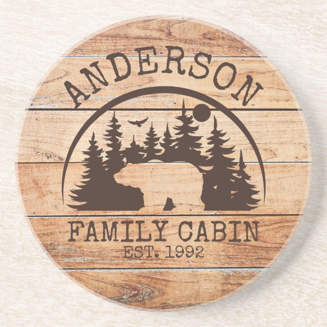 Family Cabin Name Personalised Rustic wooden Coaster (Front)