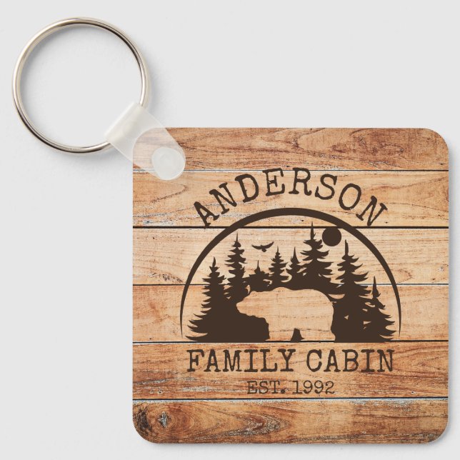  Family Cabin Name Personalised Rustic wooden Key Ring (Front)