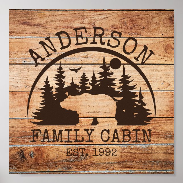  Family Cabin Name Personalised Rustic wooden Poster (Front)