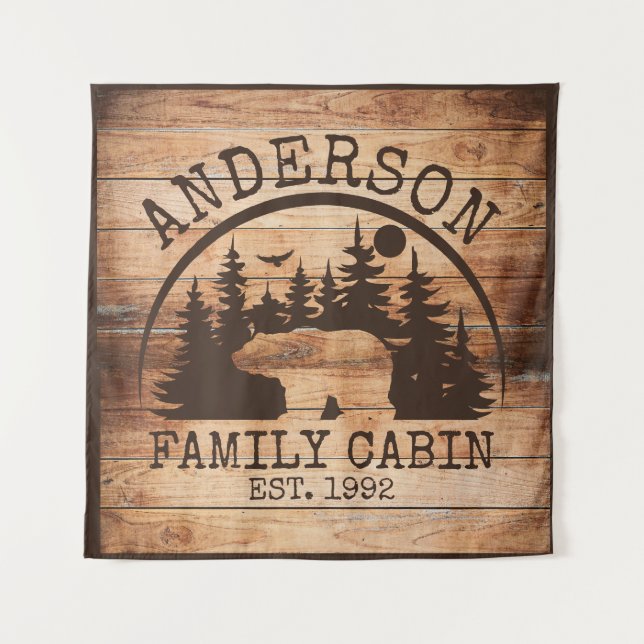  Family Cabin Name Personalised Rustic wooden Tapestry (Front)