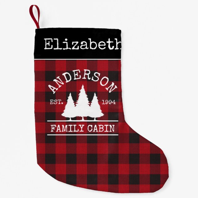 Family Cabin Name Red Buffalo Plaid Small Christmas Stocking (Front)