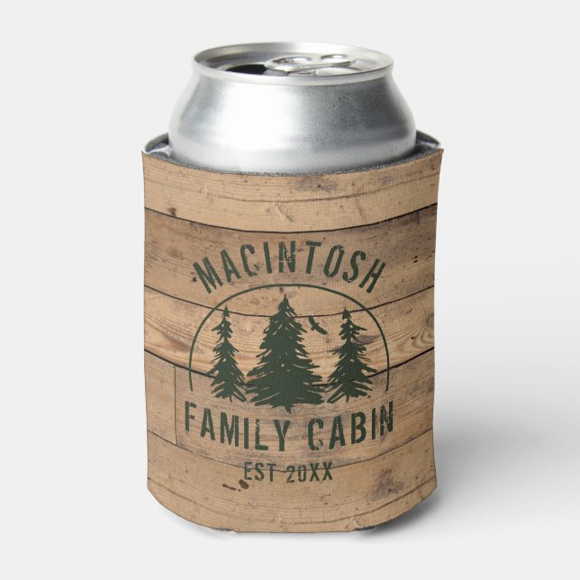 Family Cabin Name Rustic Wood Custom Colour Can Cooler (Can Front)