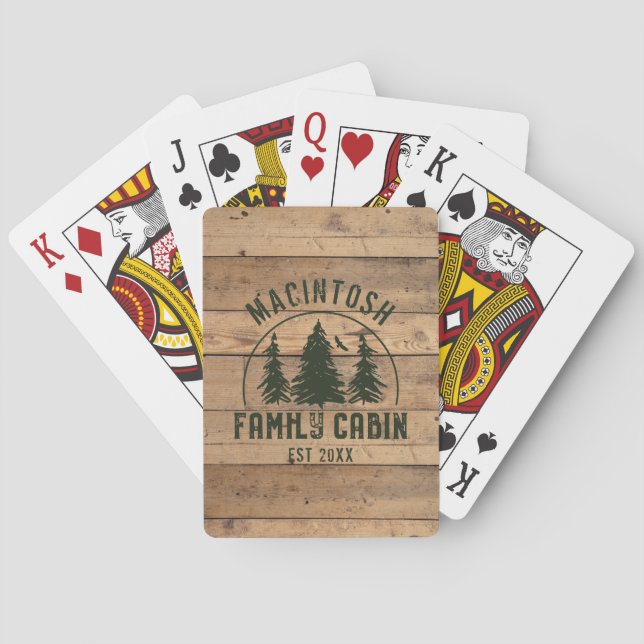 Family Cabin Name Rustic Wood Green Playing Cards (Back)