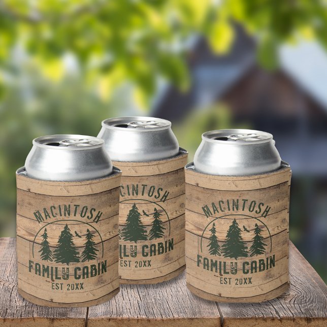Family Cabin Name Rustic Wood Personalised Can Cooler (Creator Uploaded)