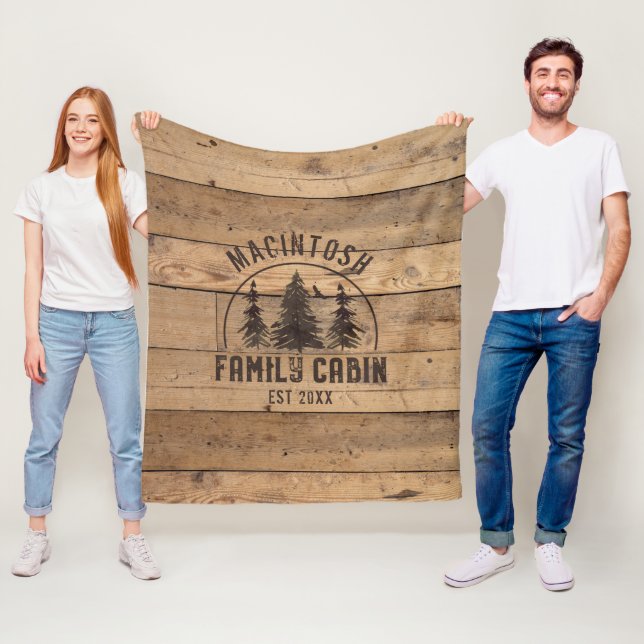 Family Cabin Name Rustic Wood Personalised Fleece Blanket (In Situ)