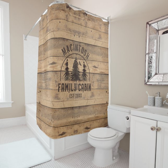 Family Cabin Name Rustic Wood Personalised Fleece  Shower Curtain (In Situ)