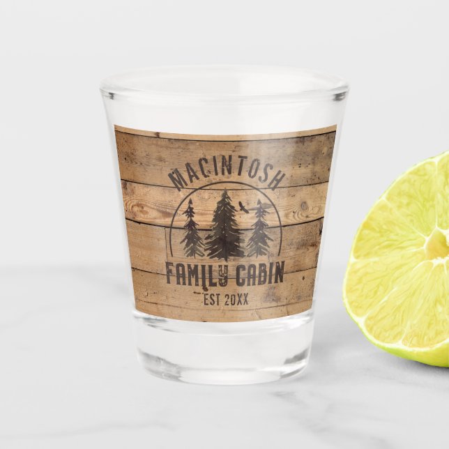 Family Cabin Name Rustic Wood Personalised Shot Glass (Front)