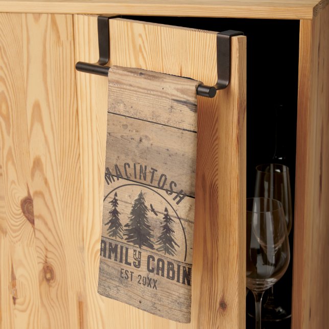 Family Cabin Name Rustic Wood Personalised Tea Towel (Thirds Fold)