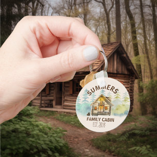 Family Cabin Name Watercolor Forest Key Ring