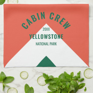 Family Cabin Personalised Name Red Green Retro Tea Towel