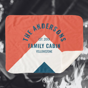 Family Cabin Personalised Name Red Navy Retro Sherpa Blanket