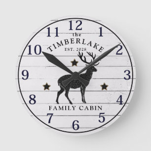 Family Cabin Rustic Deer Wood Personalized  Round Clock