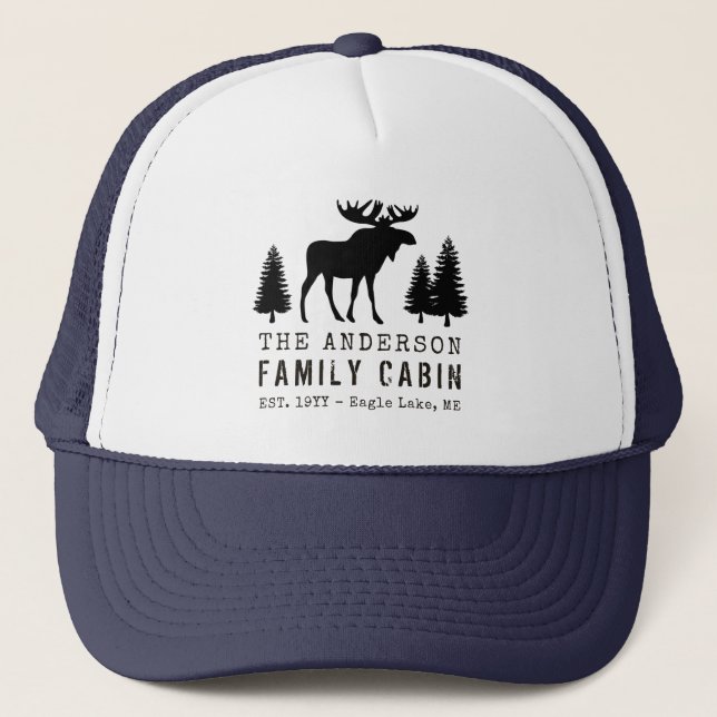 Family Cabin Rustic Moose Pine Tree Silhouette Trucker Hat (Front)