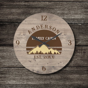 Family Cabin Rustic Retro Trees Family Name  Large Clock