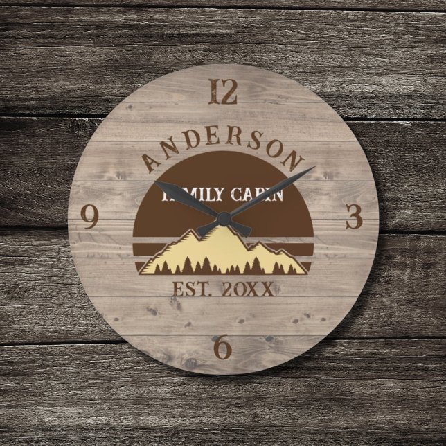 Family Cabin Rustic Retro Trees Family Name  Large Clock (Creator Uploaded)