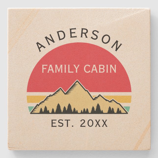 Family Cabin Rustic Retro Trees Family Name  Stone Coaster (Front)
