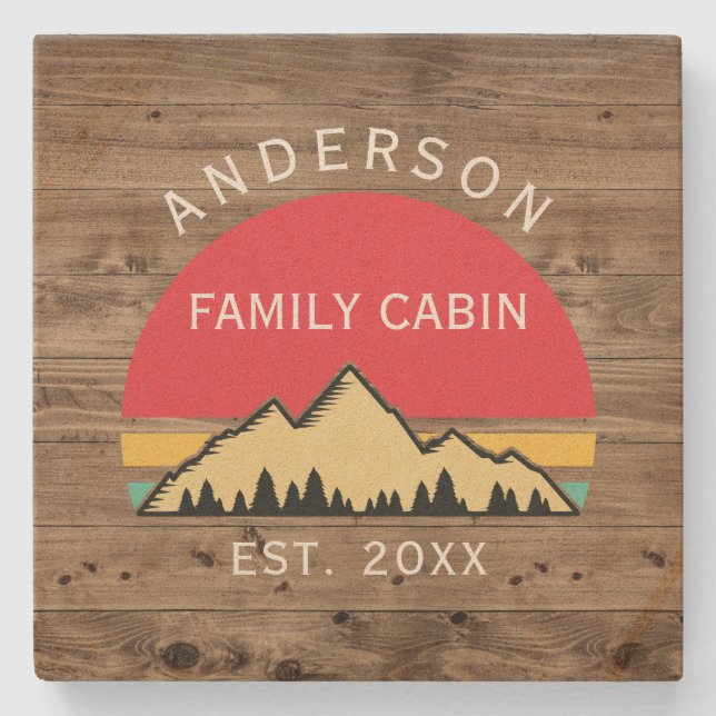 Family Cabin Rustic Retro Trees Family Name  Stone Coaster (Front)