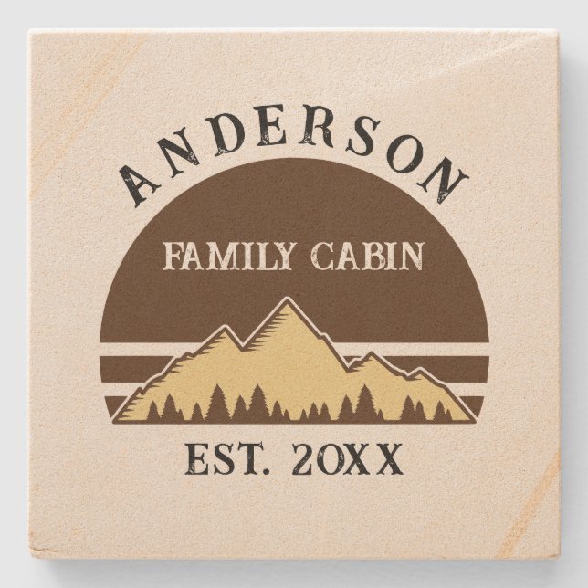 Family Cabin Rustic Retro Trees Family Name  Stone Coaster (Front)