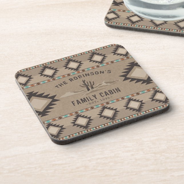 Family Cabin Rustic Southwest Native Tribal Cactus Coaster (Left Side)