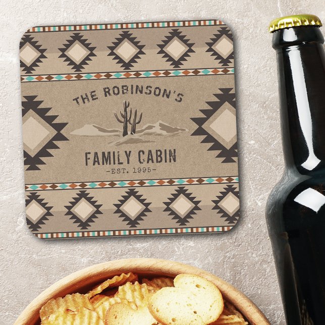 Family Cabin Rustic Southwest Native Tribal Cactus Square Paper Coaster (Creator Uploaded)