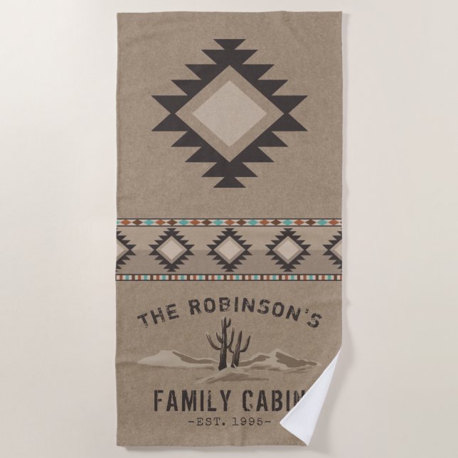 Family Cabin Rustic Southwest Tribal Desert Cactus Beach Towel (Front)