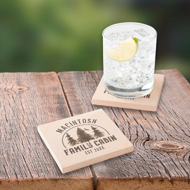Family Cabin Rustic Trees Family Name Stone Coaster (Creator Uploaded)