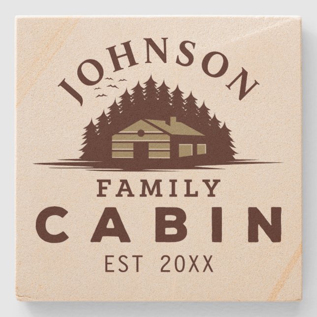 Family Cabin Rustic Trees Family Name  Stone Coaster (Front)