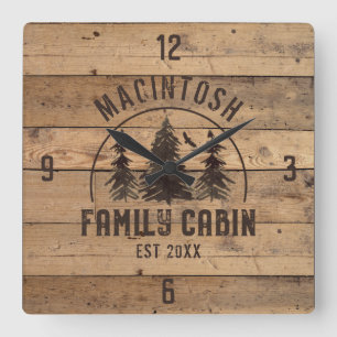 Family Cabin Rustic Wood Forest Trees Personalised Square Wall Clock