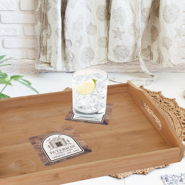 Family Cabin Rustic Wood Personalised Decor Square Paper Coaster (Personalized Custom Family Name Cabin in the Woods Rustic Vintage Retro)