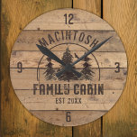 Family Cabin Rustic Wood Personalised Round Clock<br><div class="desc">Create a personalised family cabin wall clock featuring a rustic, country wood plank design with forest pine trees and NAME FAMILY CABIN and year established date or other text in brown. The sample is shown in the 8-inch round option; choose 10.75-inch or square on the ordering page. ASSISTANCE: For help...</div>