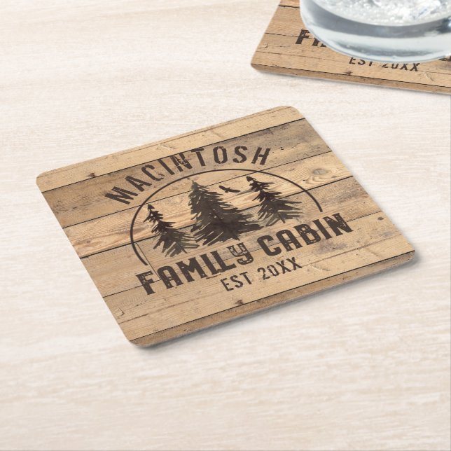 Family Cabin Rustic Wood Personalised Square Paper Coaster (Angled)