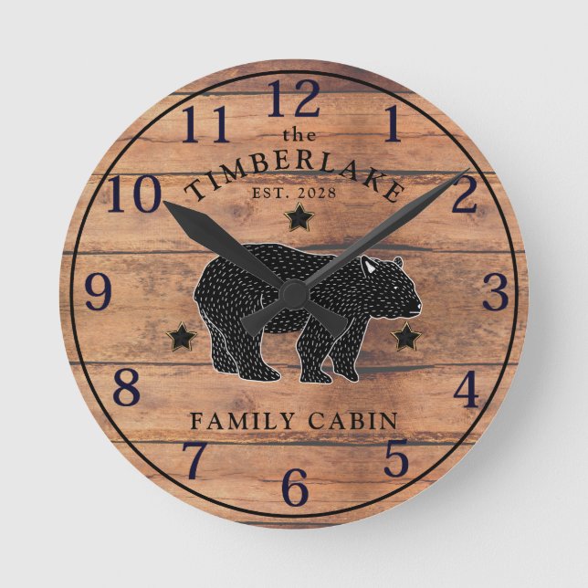 Family Cabin Rustic Wood Personalised Wall Clock (Front)