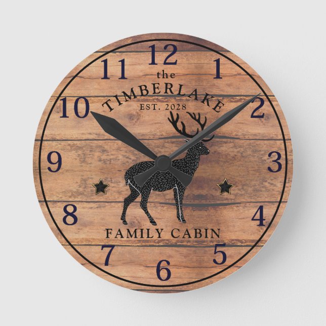 Family Cabin Rustic Wood Personalised Wall Clock (Front)
