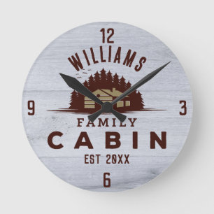 Family Cabin Rustic Wood Personalized Round Clock