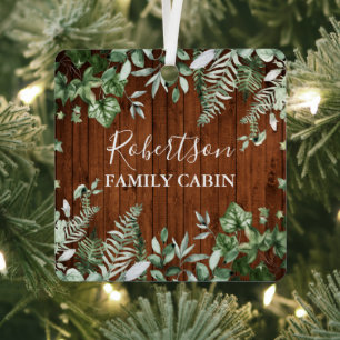 Family Cabin Rustic Wood Watercolor Ivy Sage Ferns Metal Tree Decoration