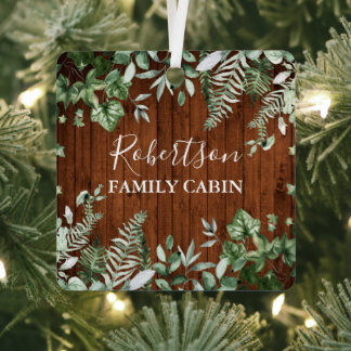 Family Cabin Rustic Wood Watercolor Ivy Sage Ferns Metal Tree Decoration