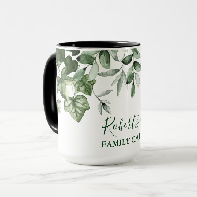 Family Cabin Watercolor Botanical Greenery Mug (Front Left)