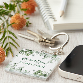 Family Cabin Watercolor Ivy Ferns Sage Botanical Key Ring