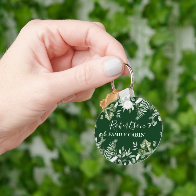 Family Cabin Watercolor Ivy Sage Ferns Green Key Ring (Hand)