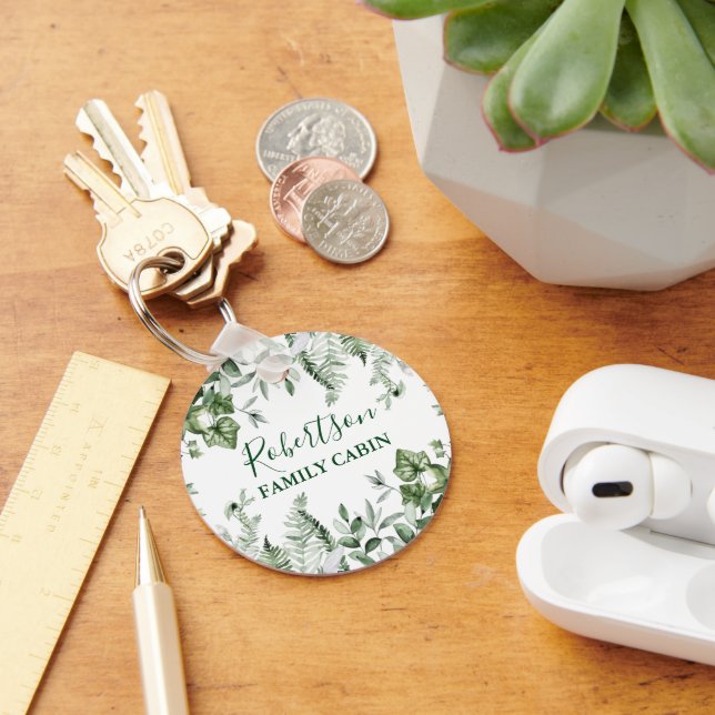 Family Cabin Watercolor Ivy Sage Ferns Key Ring (Desk)