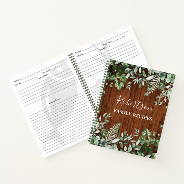 Family Cabin Wood Watercolor Ivy Sage Fern Recipe Notebook (Inside)