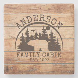 Family Cabin wooden Name Personalised Rustic  Stone Coaster