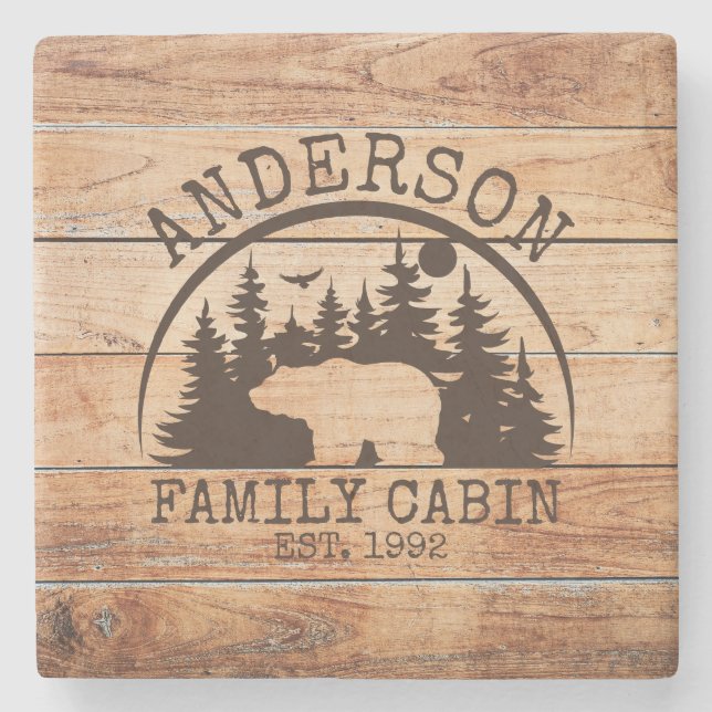 Family Cabin wooden Name Personalised Rustic  Stone Coaster (Front)