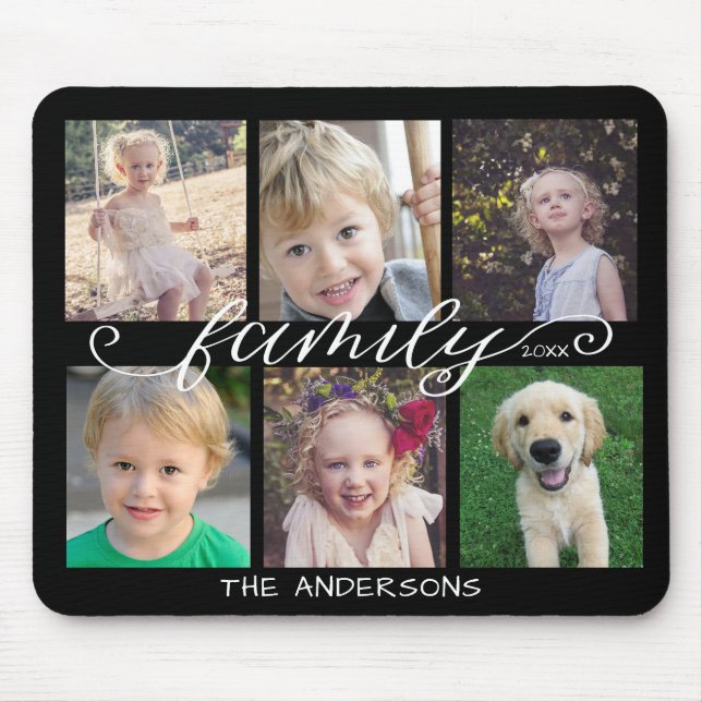 Family Calligraphy | 6 Photo Collage Black Mouse Mat (Front)