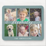Family Calligraphy | 6 Photo Collage Mouse Mat<br><div class="desc">This mousepad is a perfect keepsake gift for any family. It features a 6 photo frame collage for pictures of children and family members on a muted teal background. Trendy handwritten style calligraphy reads: "family" Custom text allows you to add your family name and year.</div>