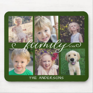 Family Calligraphy Dark Green 6 Photo Collage Mouse Mat