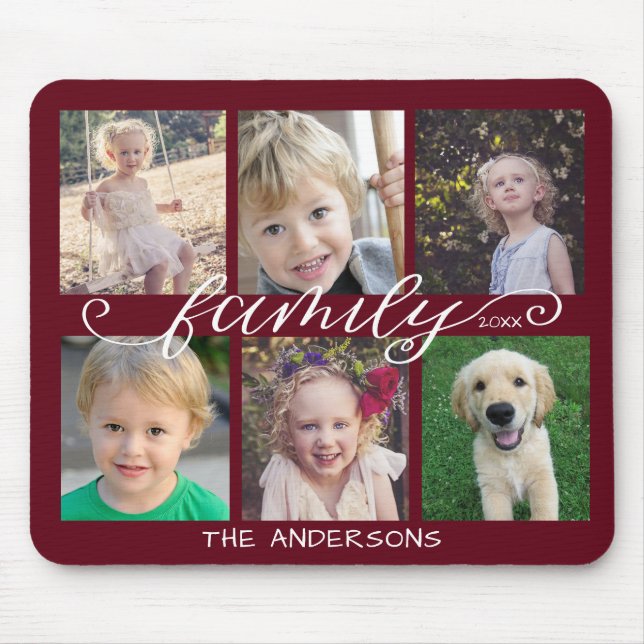 Family Calligraphy Dark Red 6 Photo Collage Mouse Mat (Front)